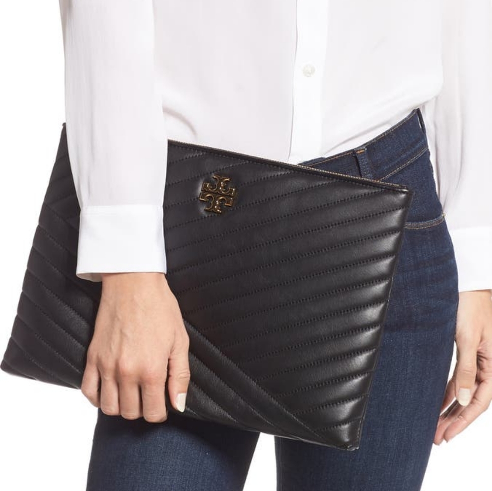Tory Burch large Kira chevron black pouch clutch